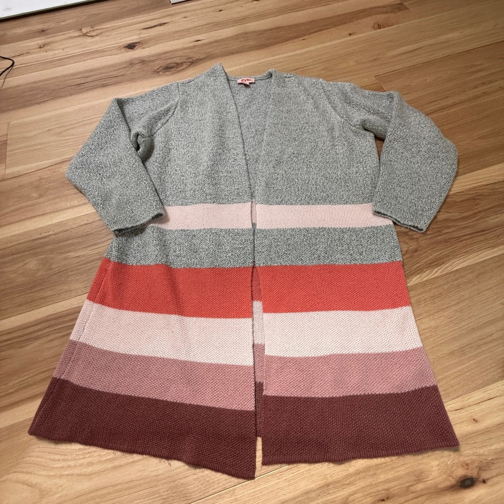 EVRI Open Front Long Cardigan Women 1X Grey Pink Orange Brown Striped Knit Fall